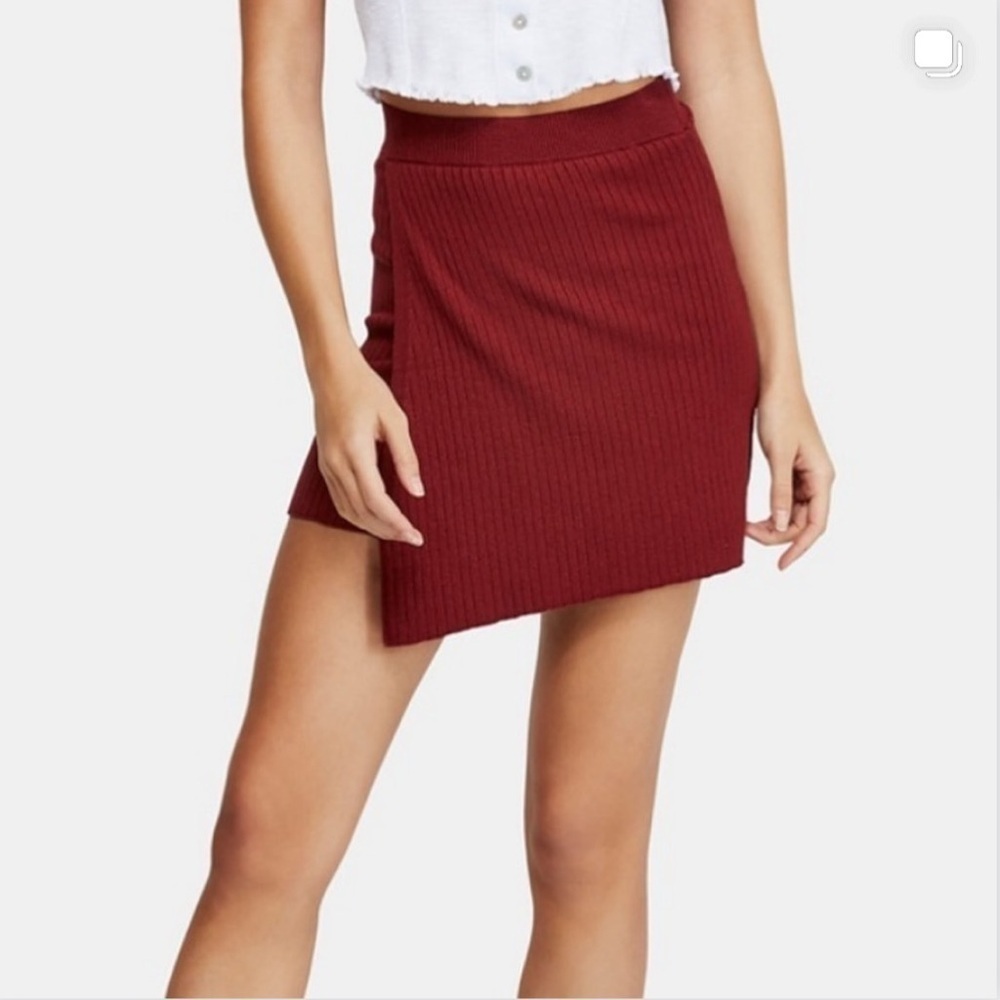 Free People Burgundy Ribbed Asymmetrical Wrap Mini Skirt XS